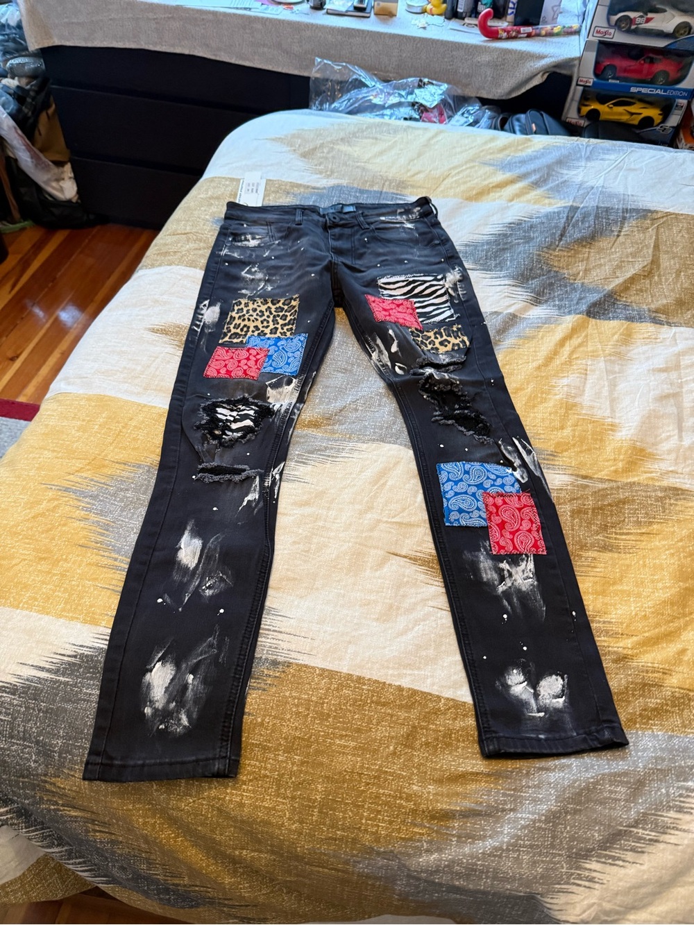 KDNK Black Skinny Jeans with Patchwork and Distressed Detail Size 30